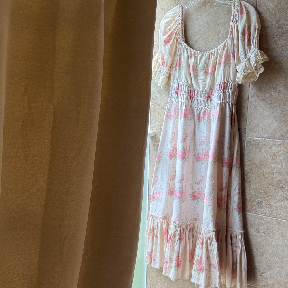LoveShackFancy Terrence Dress 100% Silk - Pockets Ruffle Hem Puff Sleeve Eyelet - Picture 9 of 17
